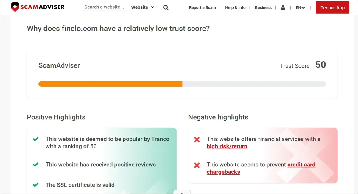 ScamAdviser report showing Finelo.com having a trust score of 50 with pros and cons.
