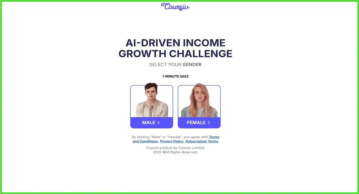 A webpage titled "AI-DRIVEN INCOME GROWTH CHALLENGE" with options to select gender, showing male and female cartoon avatars.
