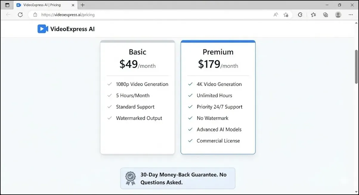 Pricing table comparing Basic and Premium plans for VideoExpress AI, showing features like 1080p, 4K, unlimited hours, and support tiers.