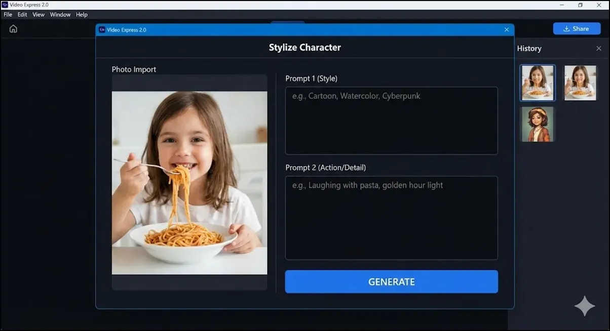 Interface of a character stylization tool showing a child eating spaghetti and fields for entering artistic style and action prompts.