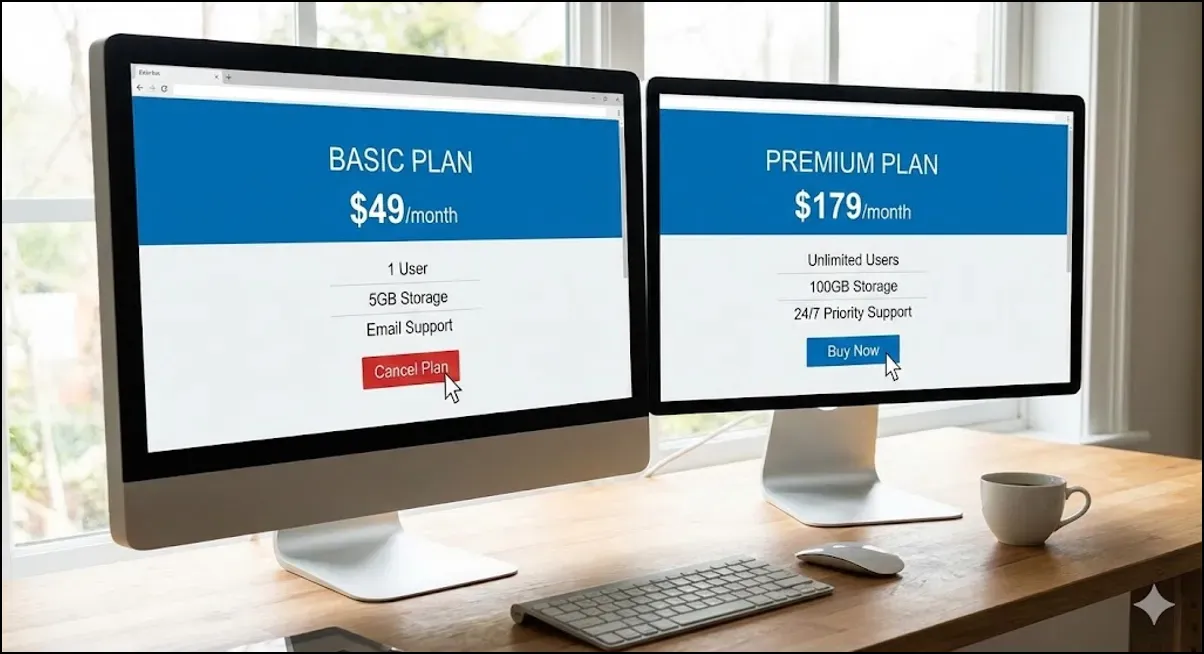 Two desktop monitors side by side displaying Basic and Premium subscription plans with pricing and feature breakdown.