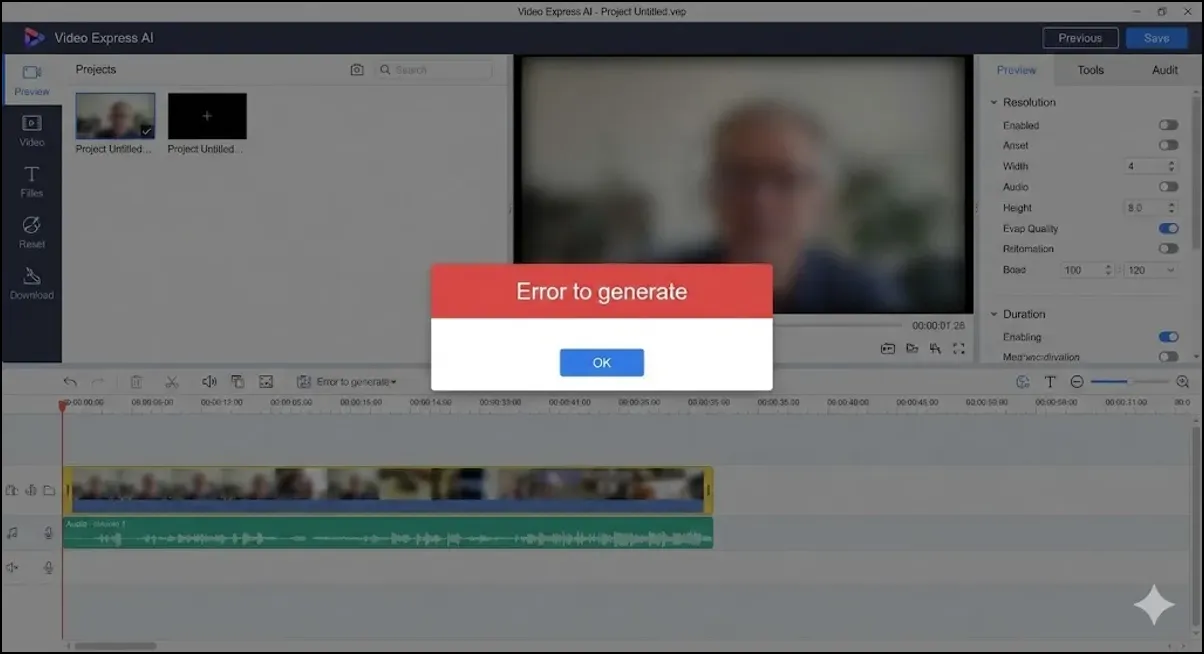 Video editing interface showing a red error popup labeled ‘Error to generate’ over a blurred preview.