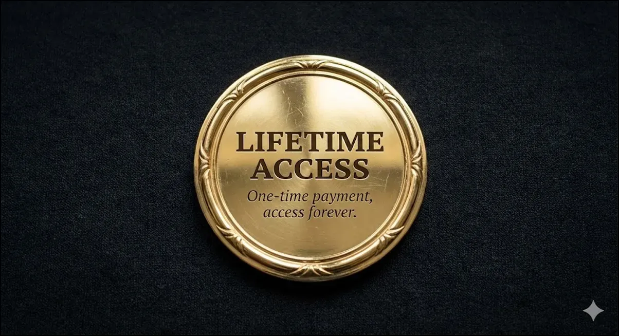 A gold medallion embossed with the words ‘Lifetime Access — One-time payment, access forever.