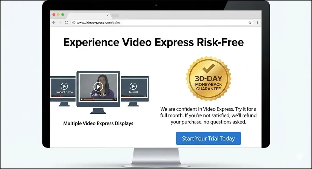 Webpage offering a 30-day money-back guarantee with sample video thumbnails and a button labeled ‘Start Your Trial Today.