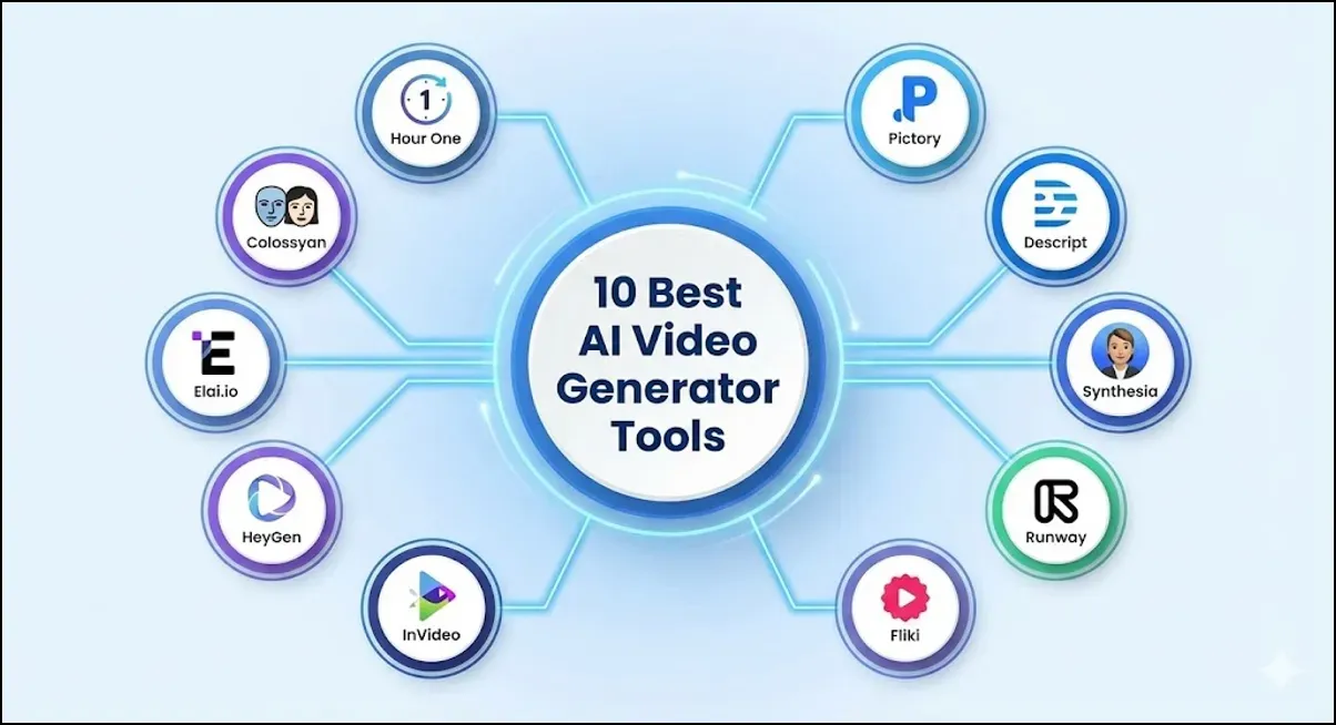 Circular infographic displaying logos of ten AI video generator tools including HeyGen, Runway, Synthesia, Pictory, and others.