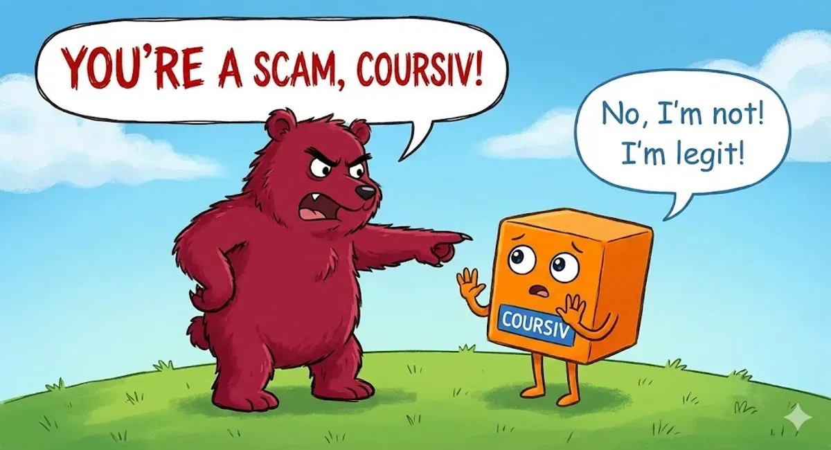 A cartoon showing a red bear-like character accusing an orange cube character (labelled "Coursiv") of being a scam, while the orange cube denies it.