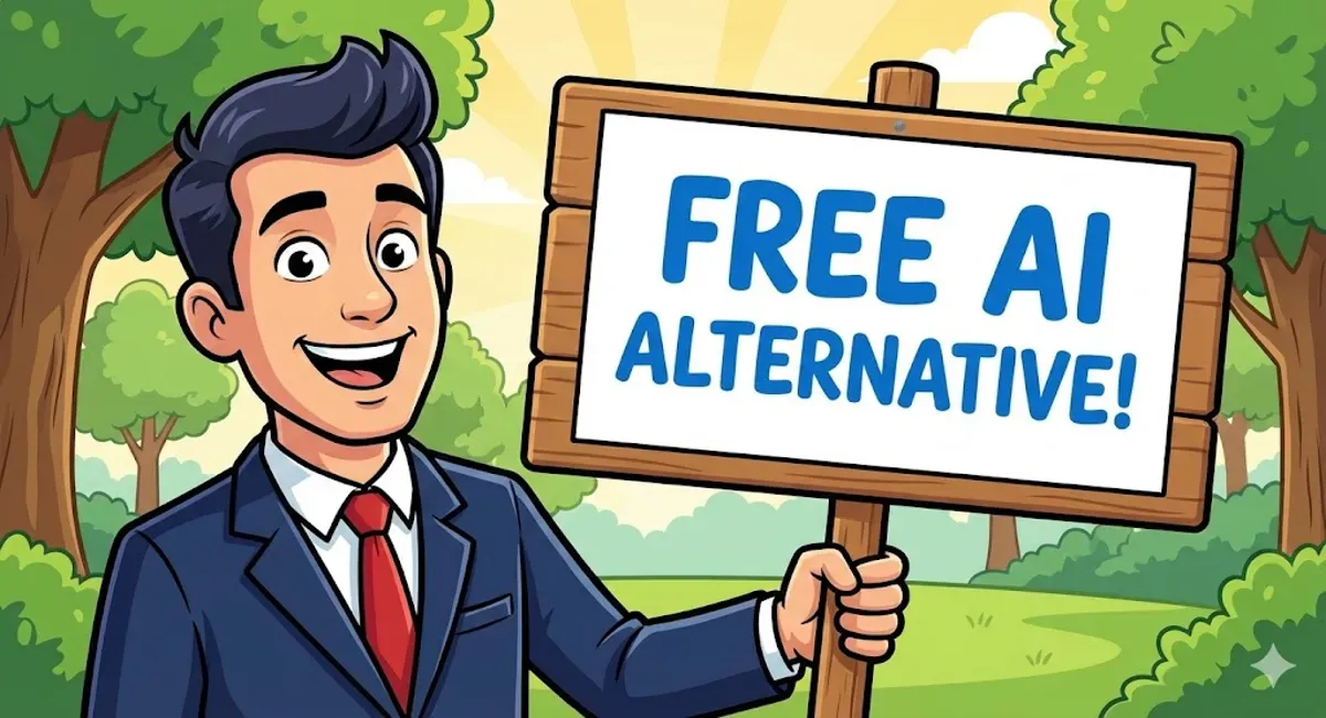 A smiling cartoon man in a suit holding a sign that reads "FREE AI ALTERNATIVE!".