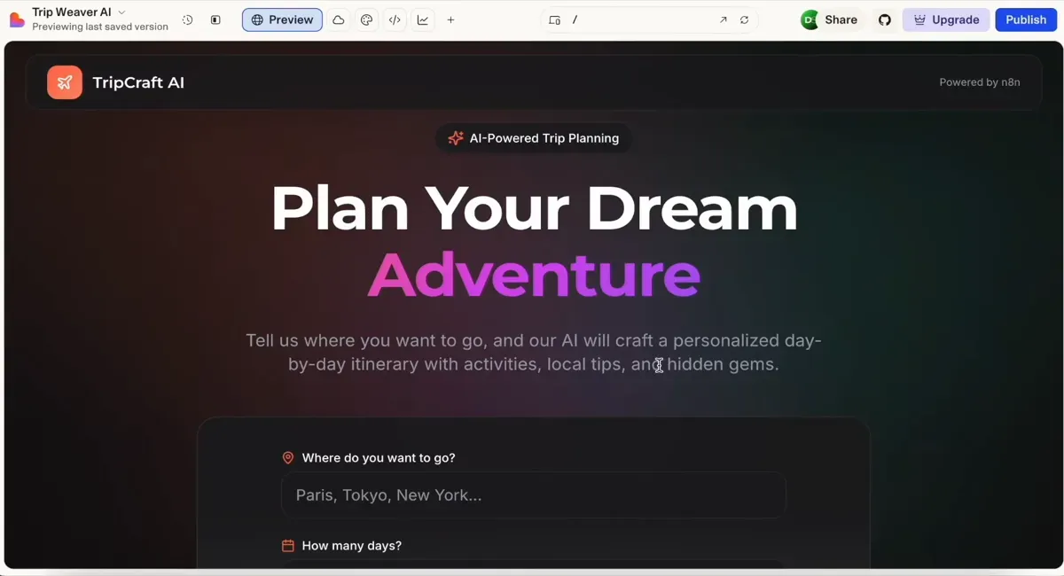 TripCraft AI landing page showing trip planning headline and input form.