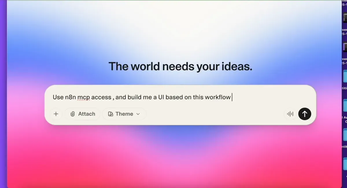 Lovable interface with a prompt asking to build a UI using n8n MCP access.