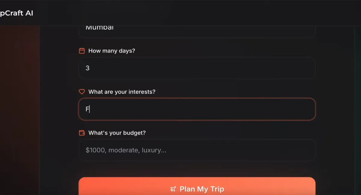 Trip planner form with fields for destination, days, interests, and budget.