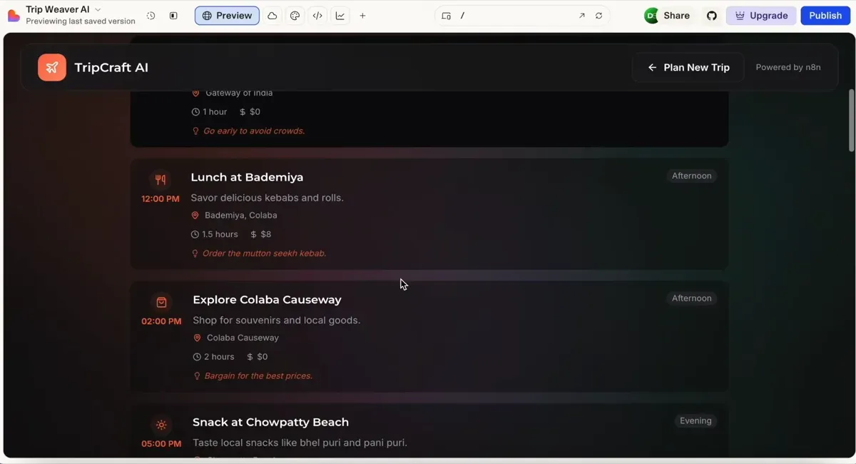 Trip plan itinerary screen showing activities like lunch at Bademiya and exploring Colaba Causeway.