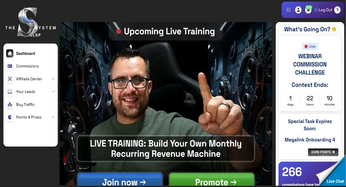 OLSP dashboard showing upcoming live training and affiliate promotion options.