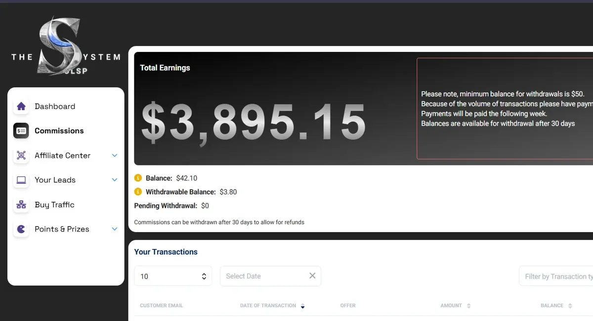 Affiliate dashboard displaying total earnings, commissions, and withdrawal balance.