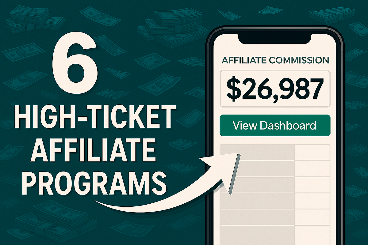 Image showing "$26,987" affiliate commission with text "6 High-Ticket Affiliate Programs" and a money-themed background.