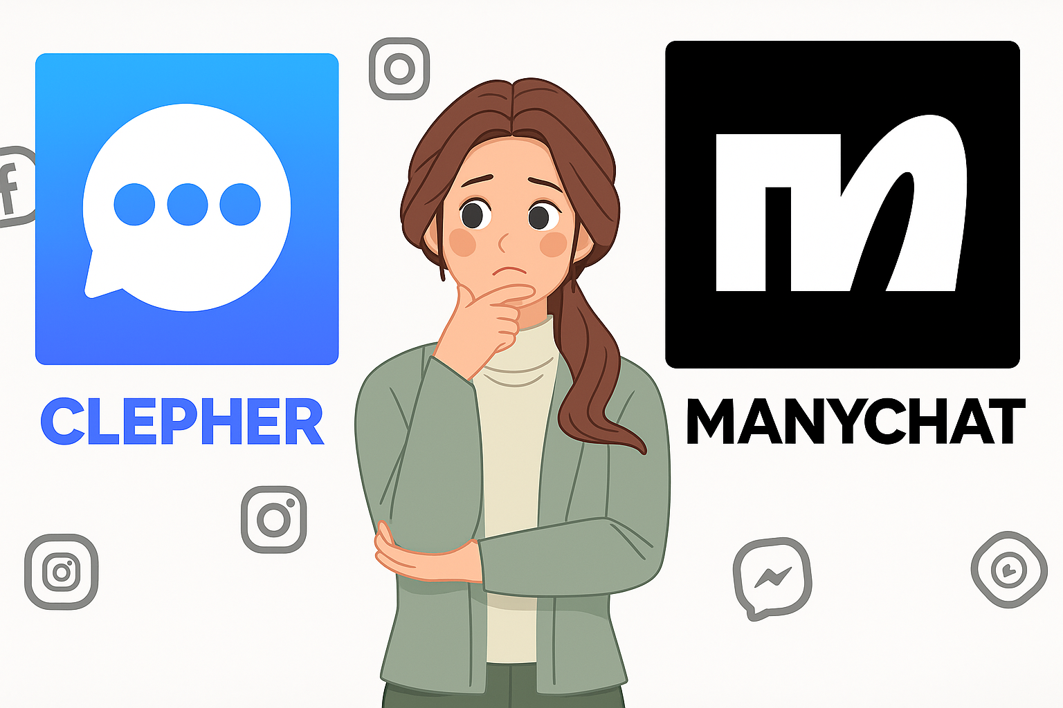 A thoughtful woman stands between the Clepher and ManyChat logos, surrounded by social media icons, symbolizing a comparison between chatbot platforms.
