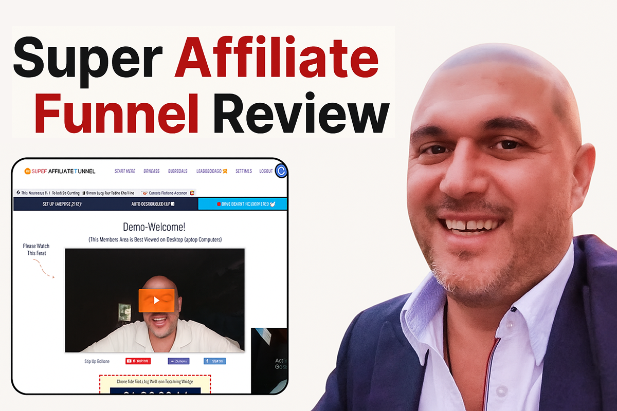 A text "Super Affiliate Funnel Review," featuring bold on the left, a screenshot of the Super Affiliate Funnel dashboard in the center, and a smiling man in a blazer on the right.
