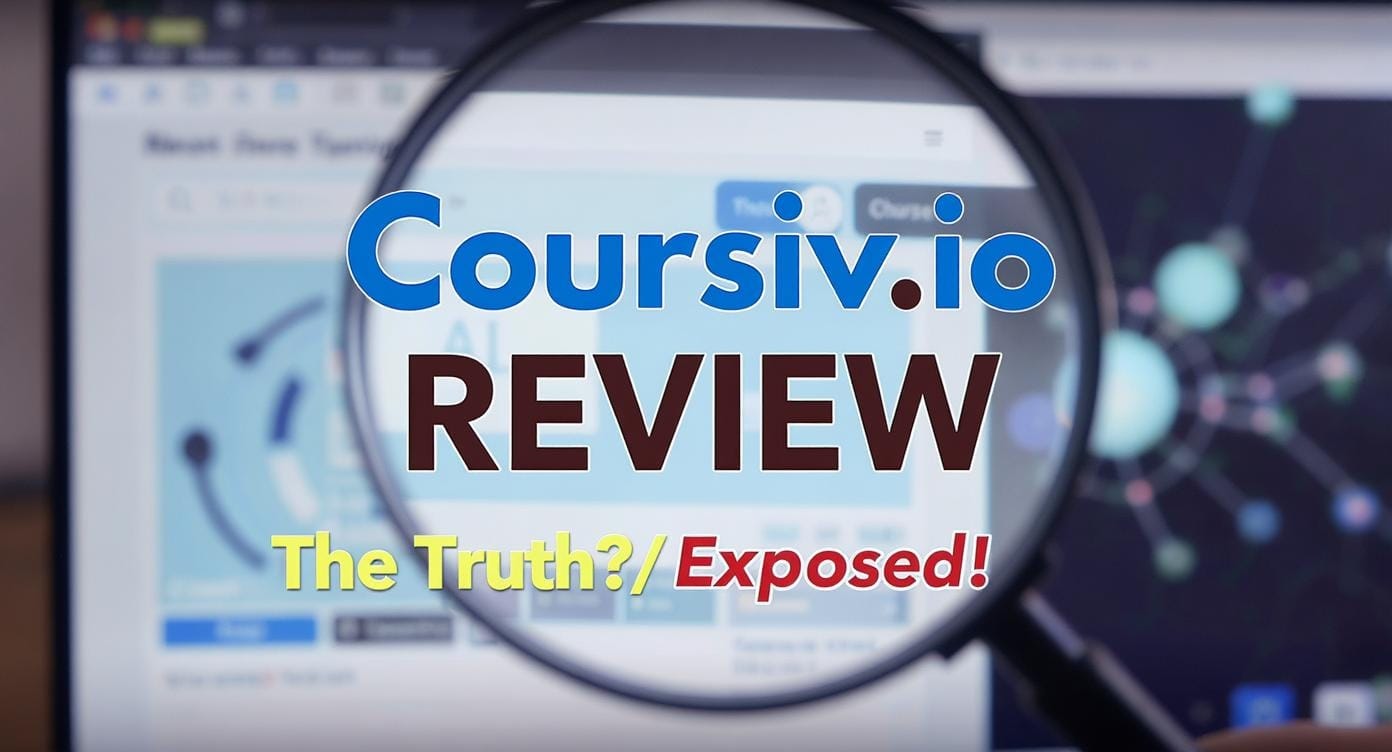 Coursiv.io Review - The Truth?/Exposed! text overlaid on a magnifying glass focusing on a blurred website.