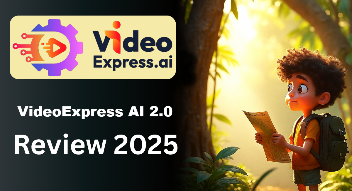 Split-screen thumbnail with VideoExpress AI logo on the left and an animated boy reading a paper in a forest on the right, labeled “VideoExpress AI 2.0 Review 2025.”