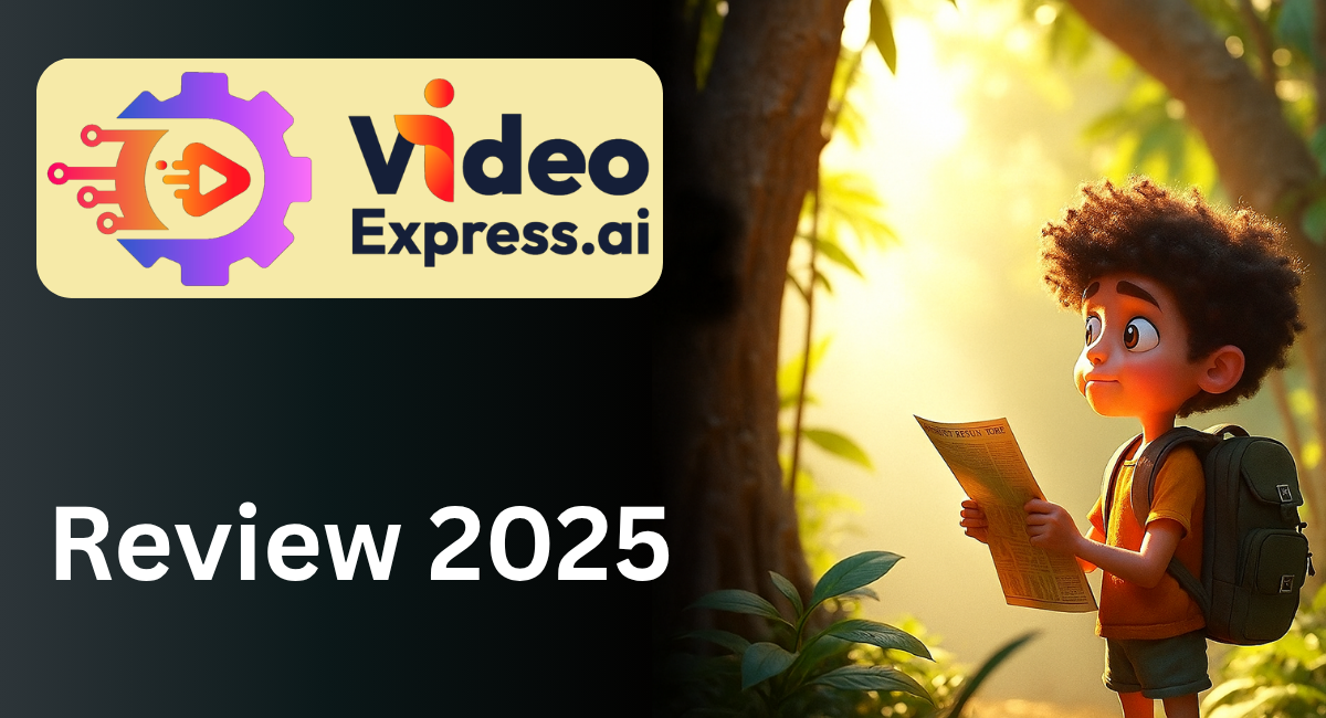 Split-screen thumbnail with VideoExpress AI logo on the left and an animated boy reading a paper in a forest on the right, labeled “Review 2025.”