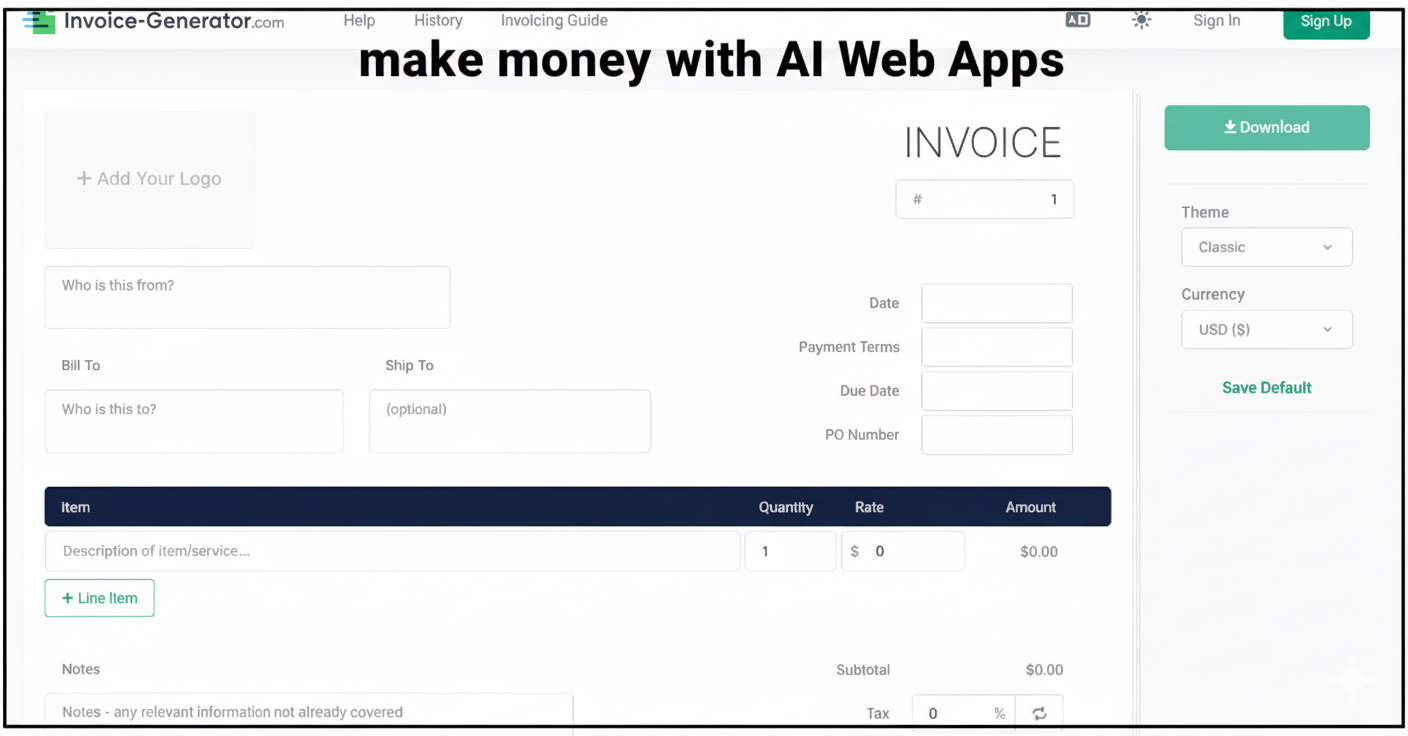 A website page for an online invoice generator, with a thin black border and the text "make money with AI Web Apps" added at the top.