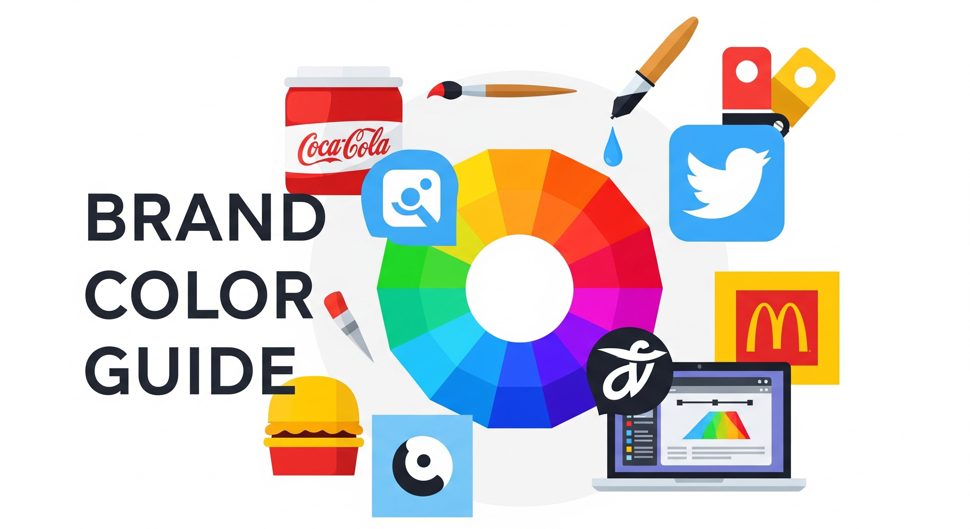 Here's a shorter alt text: Brand Color Guide graphic with a color wheel, popular logos, and design tools.