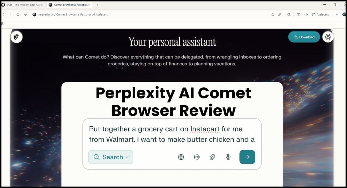 Perplexity AI Comet Browser review page showing the assistant generating a grocery list task using Instacart and Walmart.
