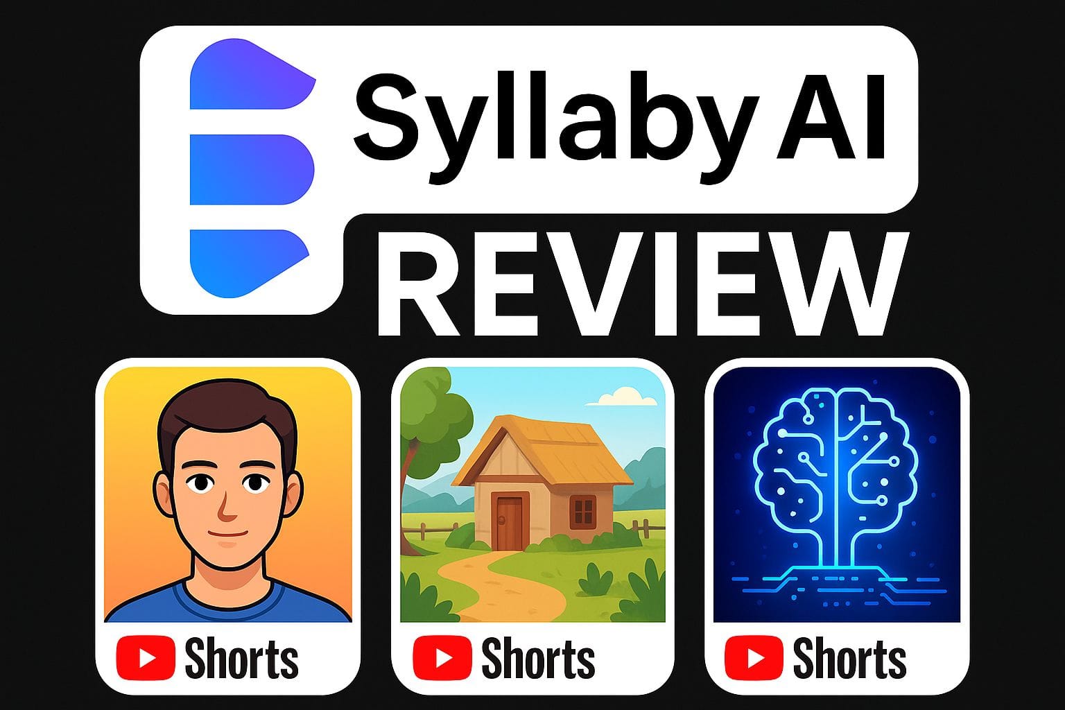 Dark thumbnail with Syllaby AI logo, “REVIEW” text, and three YouTube Shorts: male avatar, village house, and glowing brain, each labeled “Shorts.”