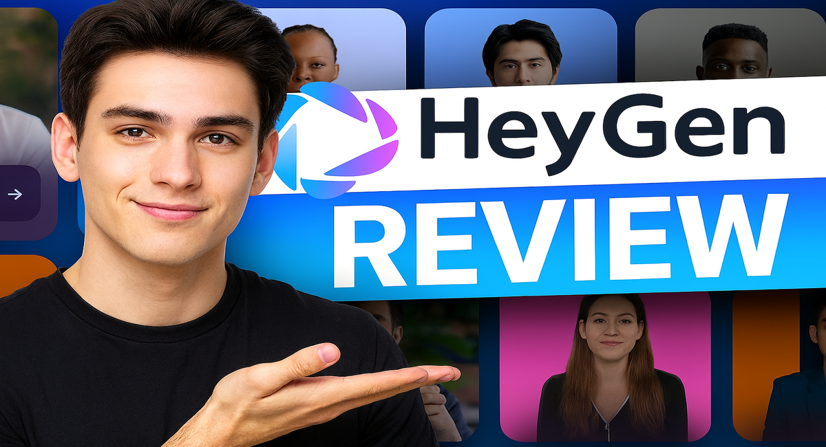 Man presenting a "HeyGen Review" banner with AI avatars in the background.