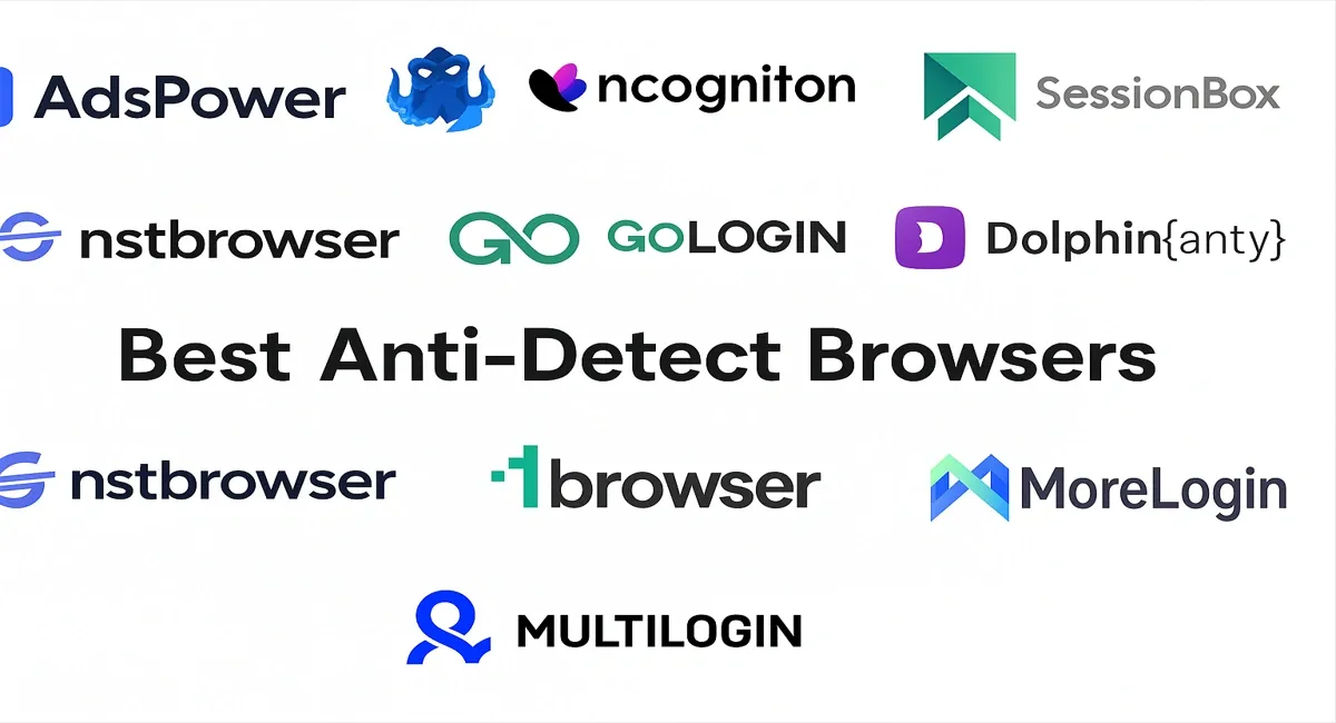 Logos of top anti-detect browsers with the title “Best Anti Detect Browsers” on a clean white background.