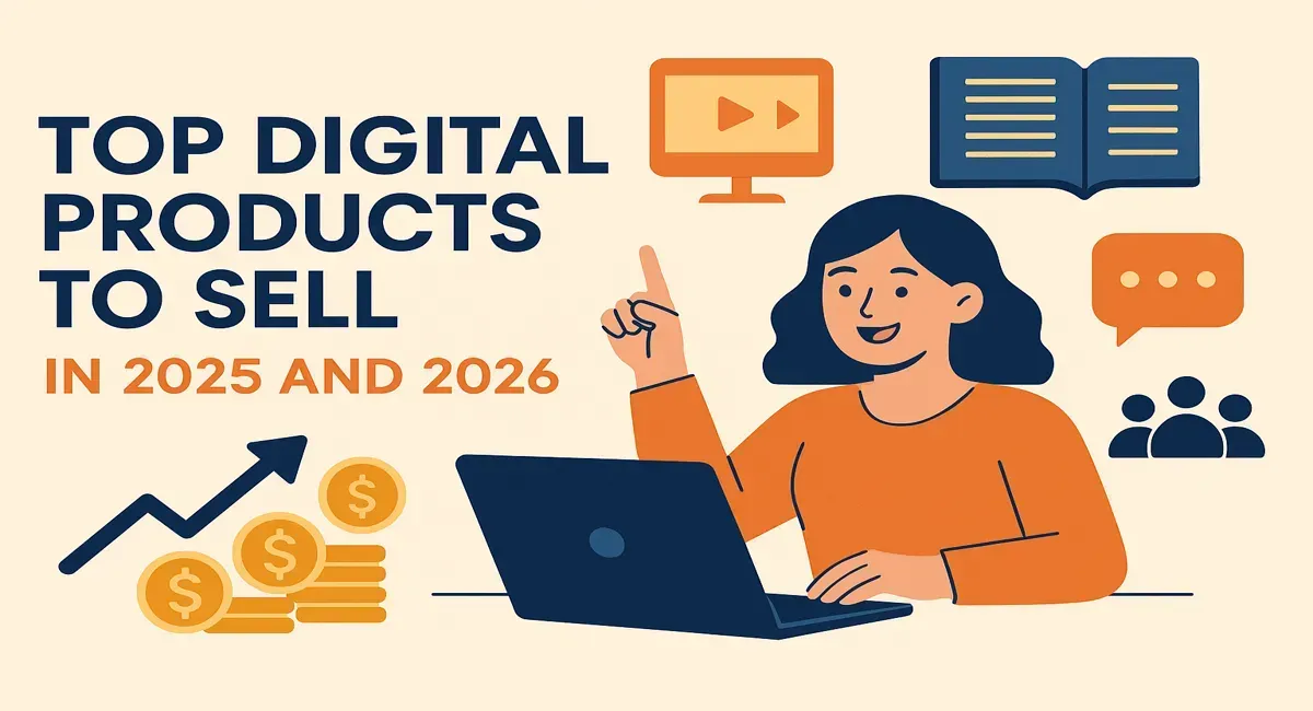 Woman with laptop and digital product icons, showing top products to sell in 2025 and 2026.