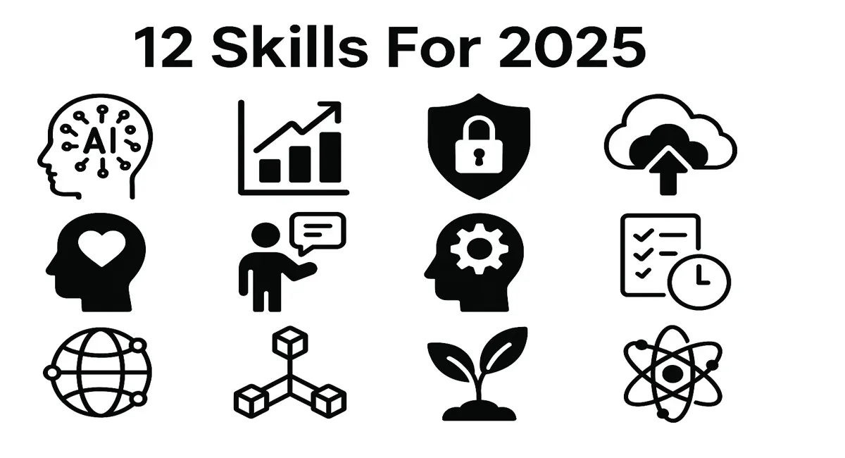 A minimal graphic displaying twelve black icons representing top skills for 2025, with the title "12 Skills For 2025" at the top.
