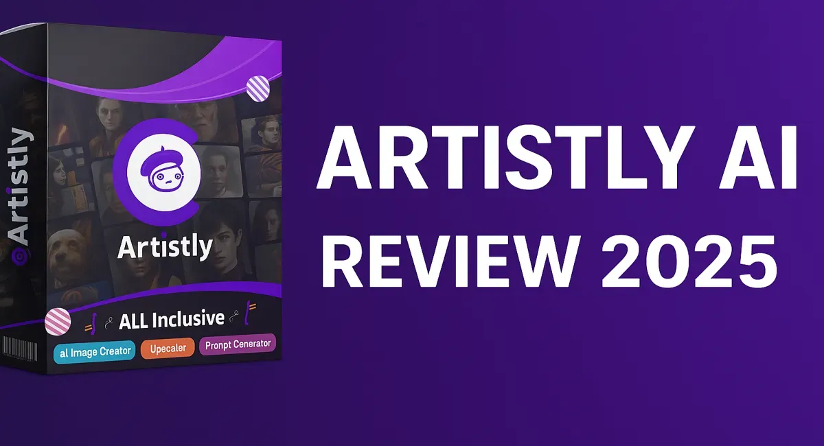 A promotional graphic with a purple background that reads "Artistly AI Review 2025" next to the Artistly product box.