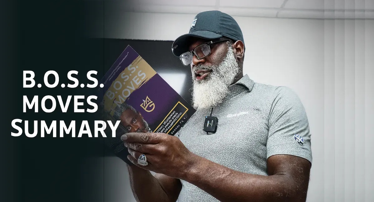 Myron Golden, wearing glasses, holds up a book titled "B.O.S.S. Moves" and looks at it. The text "B.O.S.S. MOVES SUMMARY" is visible on the left side of the image.