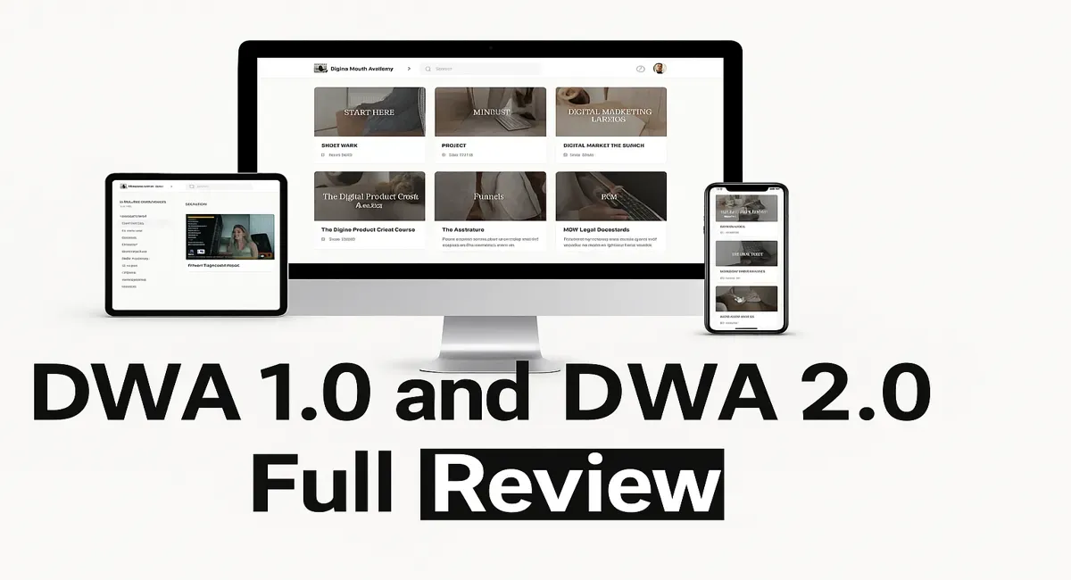 Promotional image for Digital Wealth Academy showing course dashboard on laptop, tablet, and phone, with centered text "DWA 1.0 and DWA 2.0 Full Review" on a white background.