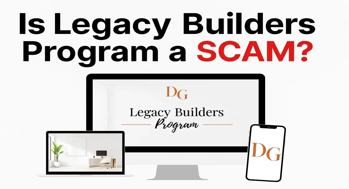 A bold graphic asking 'Is Legacy Builders Program a SCAM?' with images of a computer, laptop, and phone displaying the program's logo.a