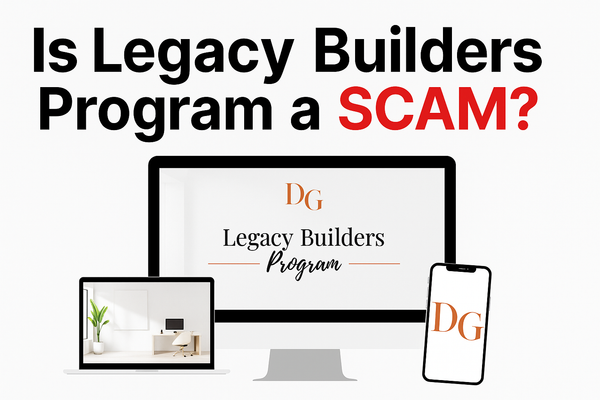 A bold graphic asking 'Is Legacy Builders Program a SCAM?' with images of a computer, laptop, and phone displaying the program's logo.