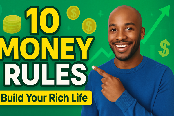 A confident Black man in a blue sweater points to bold text that reads "10 MONEY RULES" with a subtitle "Build Your Rich Life" on a green background featuring coins and an upward graph.