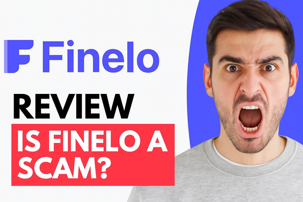 A promotional image for a Finelo review, asking "IS FINELO A SCAM?". It features the Finelo logo next to a picture of an angry-looking man, suggesting a negative or critical review.