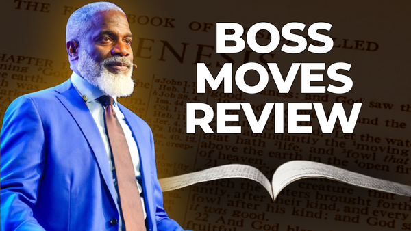 YouTube thumbnail showing a man in a blue suit beside the text “BOSS MOVES REVIEW” with a book in the background.