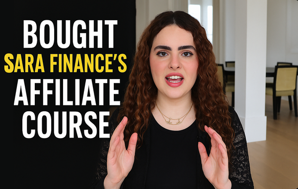 A woman with curly hair is speaking in a video titled "Bought Sara Finance’s Affiliate Course," with bold text on a black background.