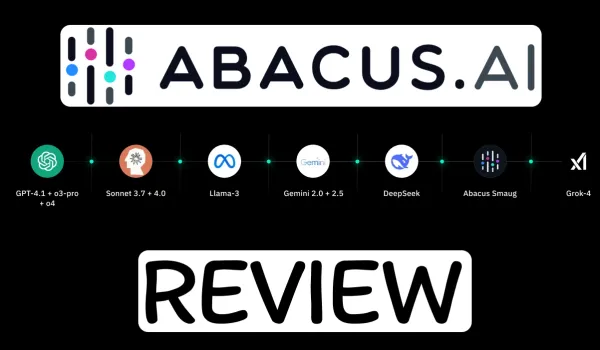 Abacus.AI logo and review banner showcasing supported AI models including GPT-4.1, Sonnet, Llama-3, Gemini, DeepSeek, Abacus Smaug, and Grok-4.