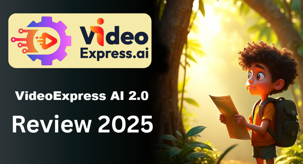 Split-screen thumbnail with VideoExpress AI logo on the left and an animated boy reading a paper in a forest on the right, labeled “VideoExpress AI 2.0 Review 2025.”