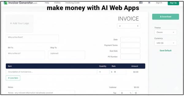 A website page for an online invoice generator, with a thin black border and the text "make money with AI Web Apps" added at the top.