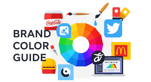 Here's a shorter alt text:  Brand Color Guide graphic with a color wheel, popular logos, and design tools.