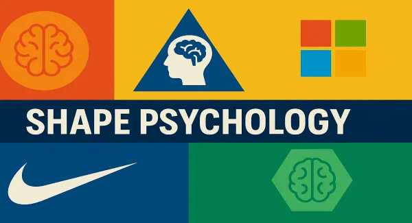 Colorful geometric thumbnail with brain icons, Nike swoosh, Microsoft logo, and bold title 'Shape Psychology' in the center