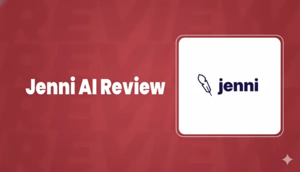 Jenni AI Review title with Jenni logo on red background.
