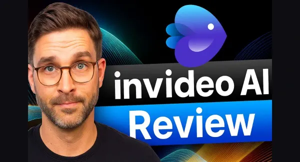 Invideo AI review thumbnail with man and logo.