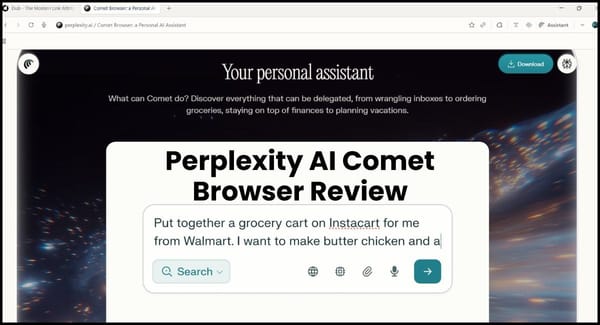 Perplexity AI Comet Browser review page showing the assistant generating a grocery list task using Instacart and Walmart.