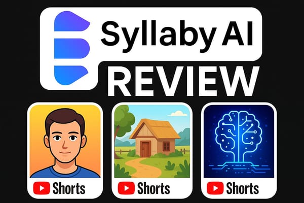Dark thumbnail with Syllaby AI logo, “REVIEW” text, and three YouTube Shorts: male avatar, village house, and glowing brain, each labeled “Shorts.”