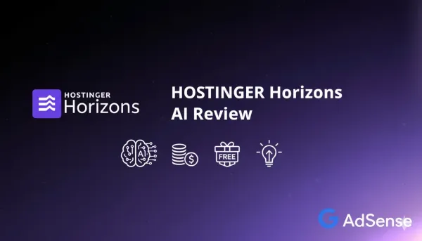 Digital banner for a "Hostinger Horizons AI Review" featuring logos and icons for AI, money, free plans, and innovation on a futuristic purple background.